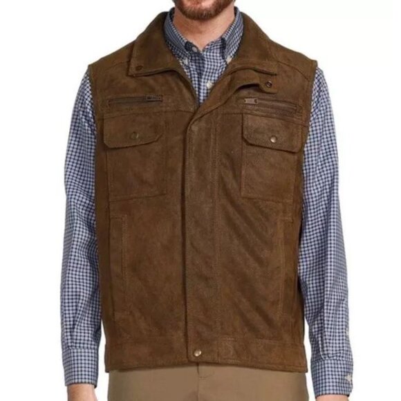 ROUNDTREE & YORKE Men’s Suede Leather Stand Collar VEST Size 4XT Brown NEW $350 - Picture 2 of 8